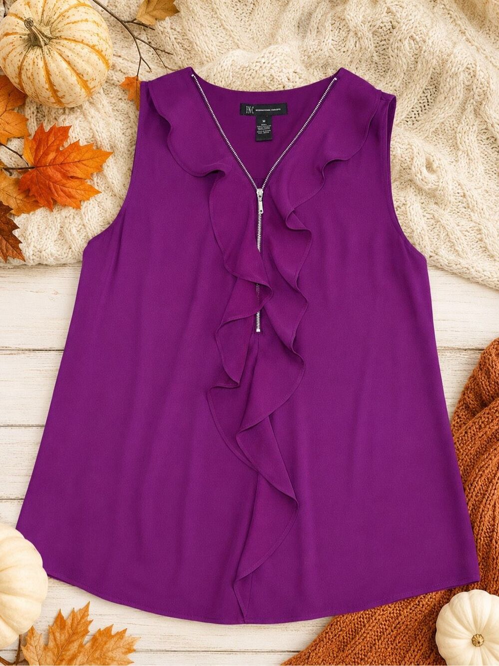 INC International Concepts Purple Ruffle Zip Front Sleeveless Blouse Top Size M